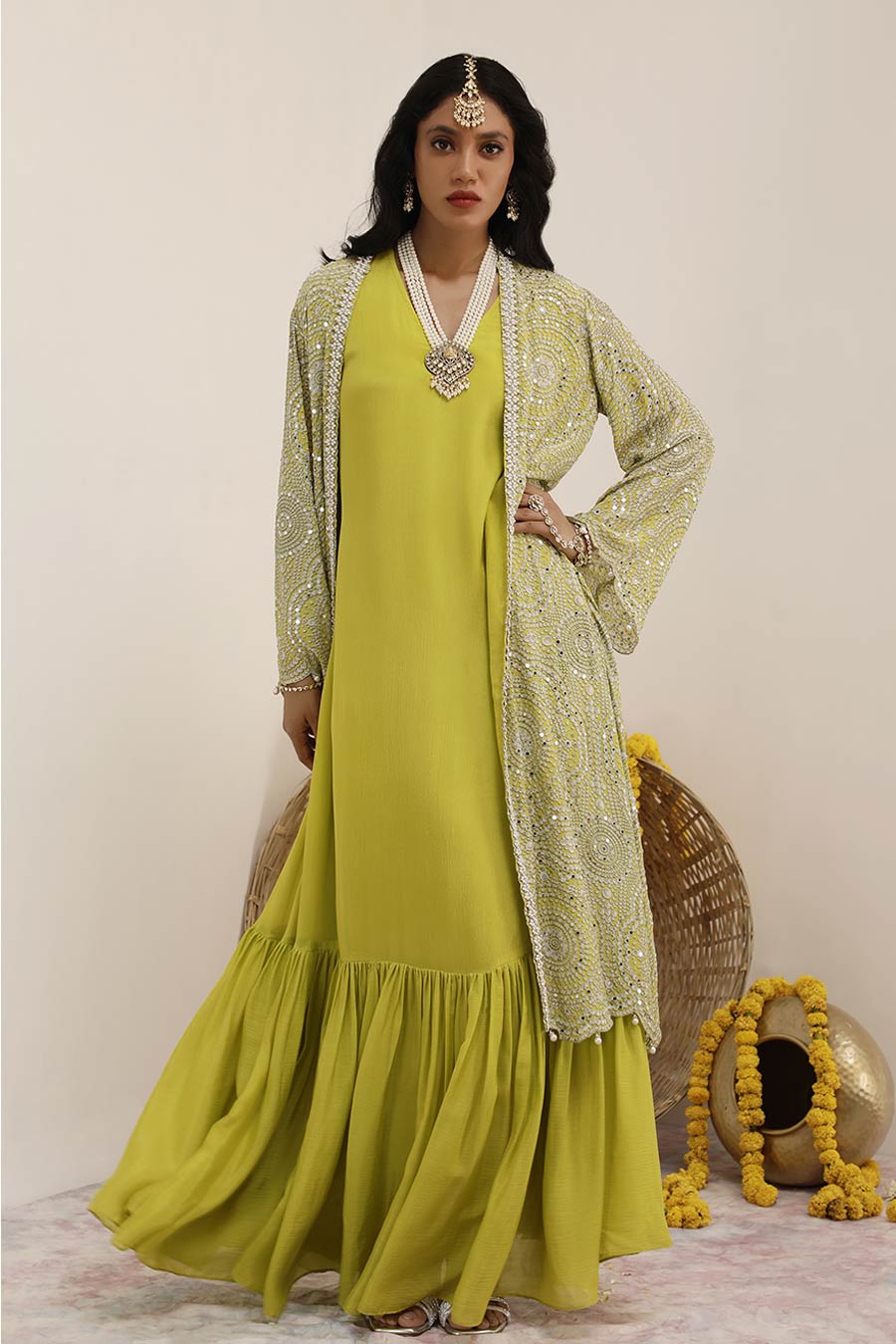 Lime Green Hoor Embellished Long Jacket Set