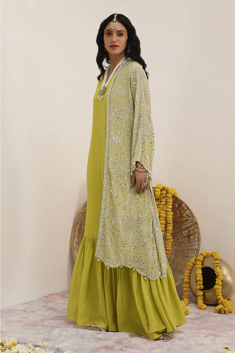 Lime Green Hoor Embellished Long Jacket Set