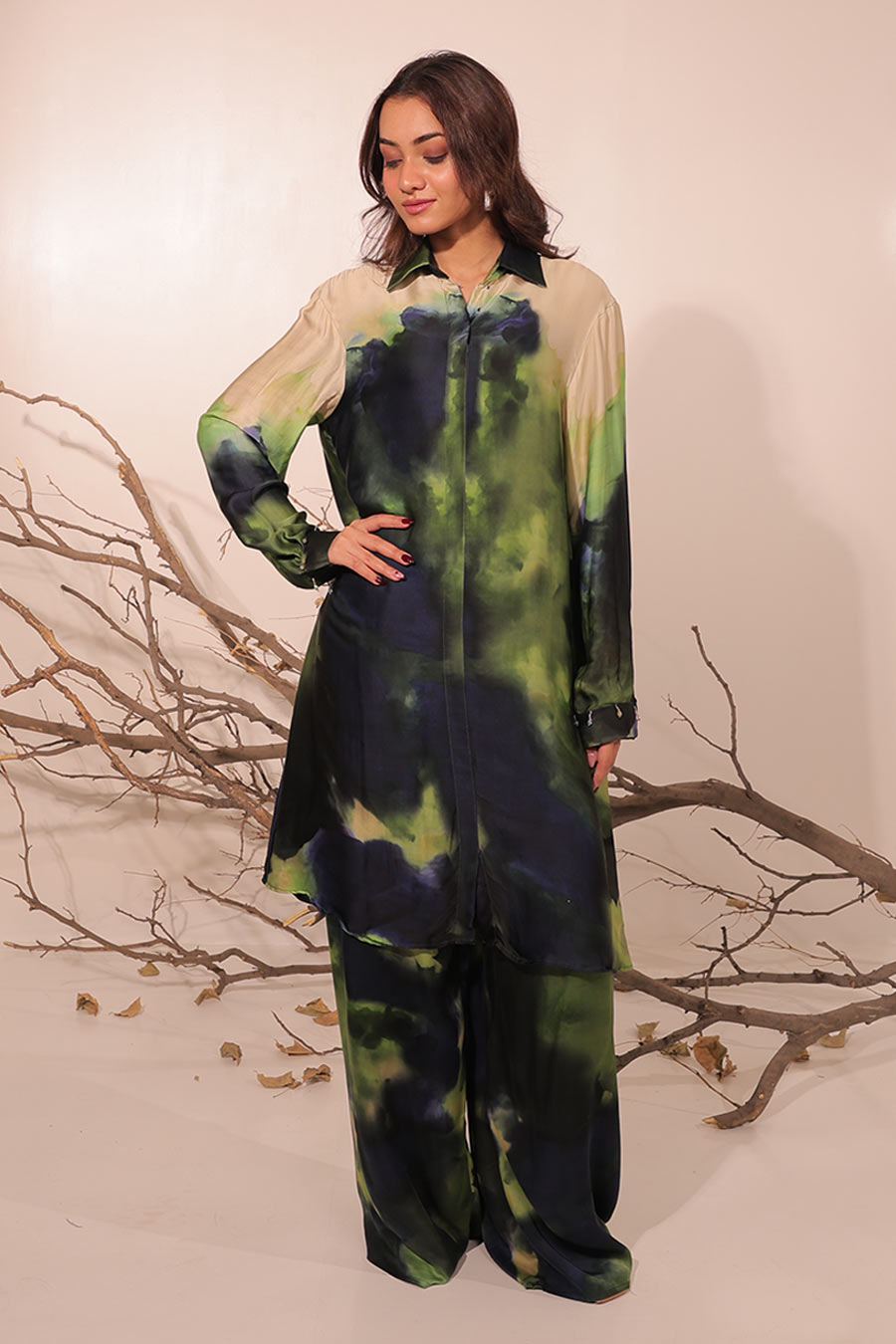 Blue & Green Jheel Printed Shirt Tunic Set
