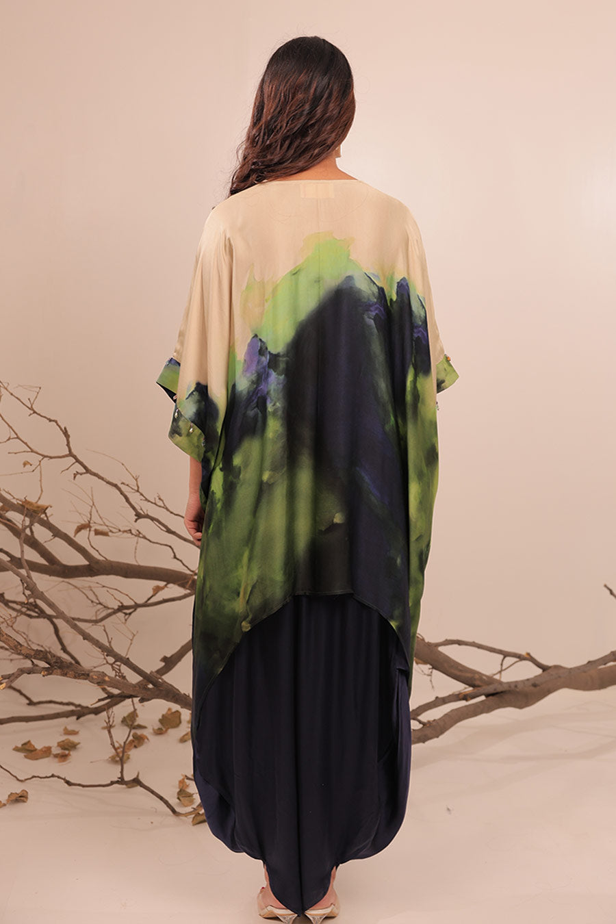 Blue & Green Jheel Printed Asymmetric Kaftan Set
