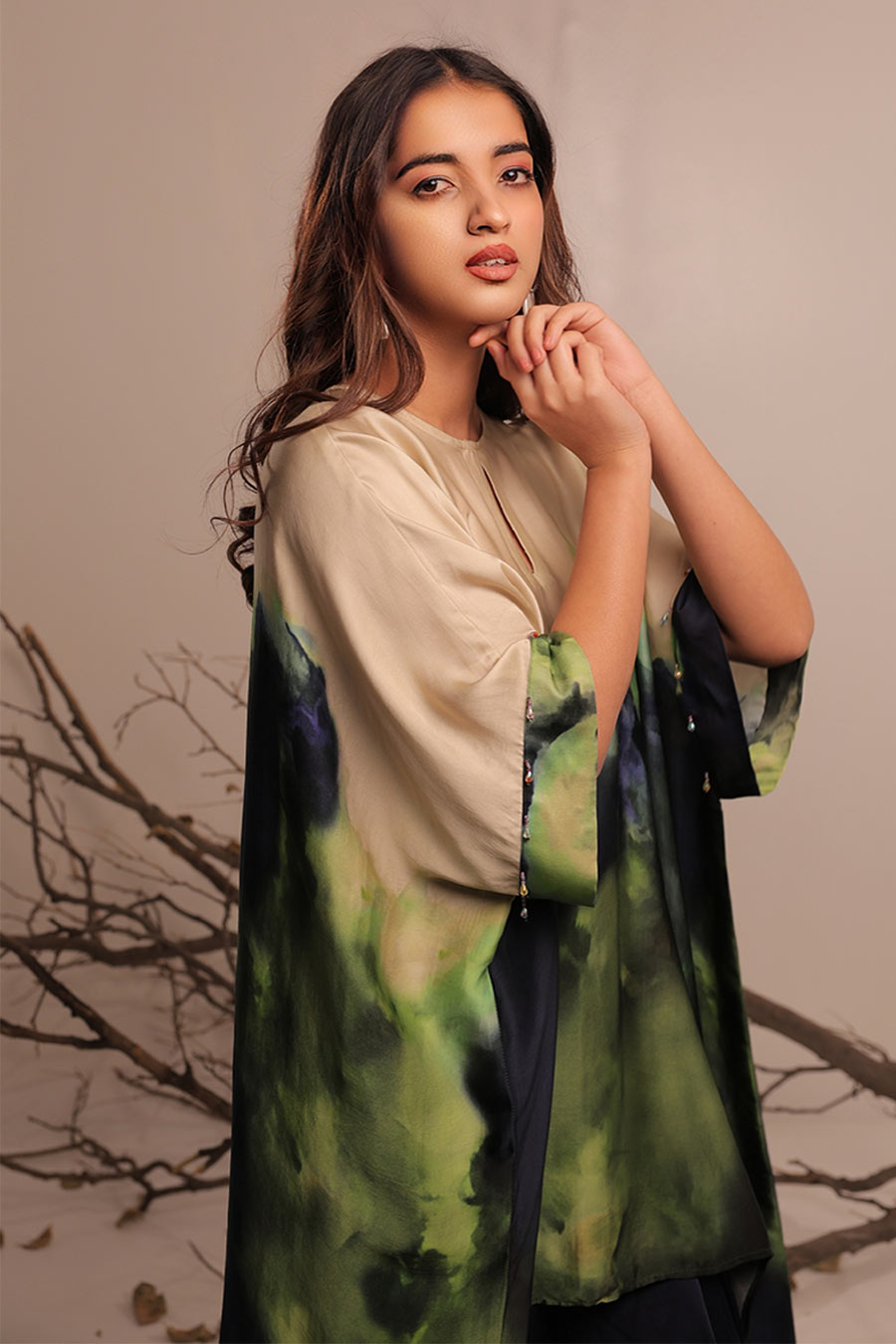Blue & Green Jheel Printed Asymmetric Kaftan Set