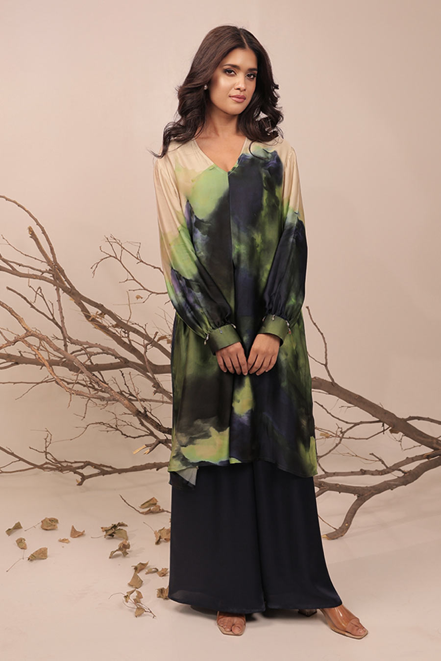 Blue & Green Jheel Printed A-Line Tunic Set