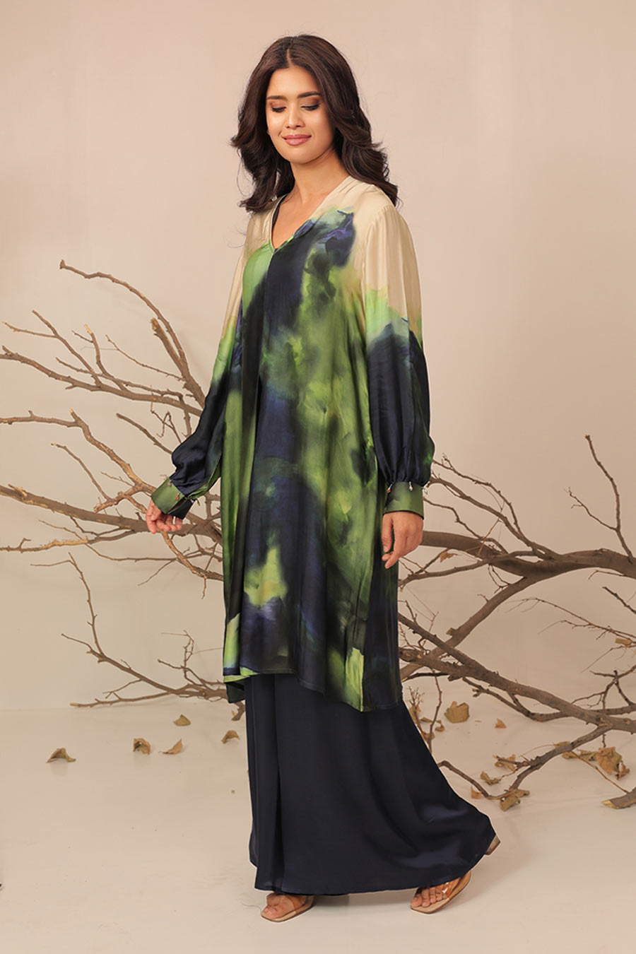 Blue & Green Jheel Printed A-Line Tunic Set