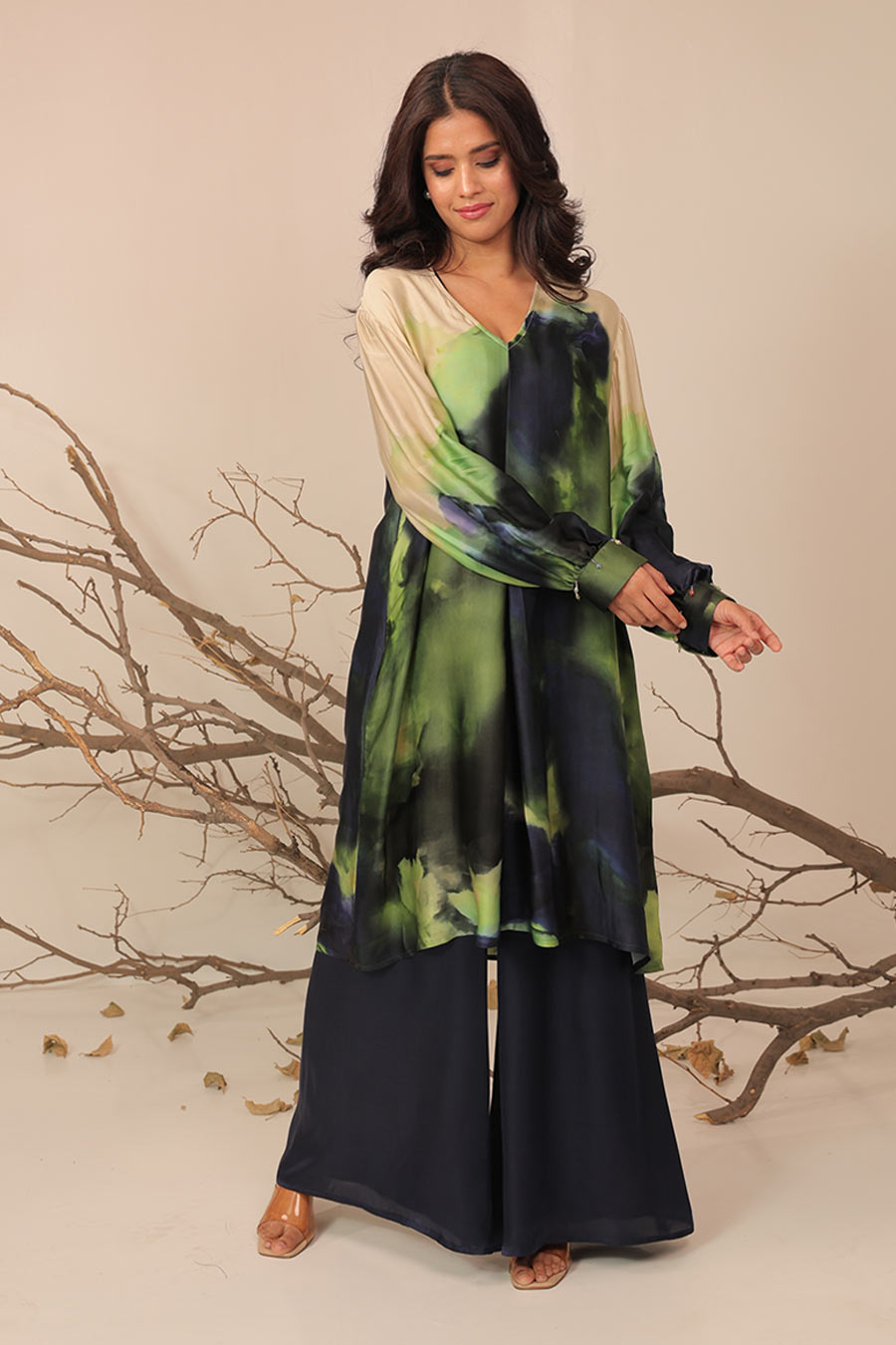 Blue & Green Jheel Printed A-Line Tunic Set