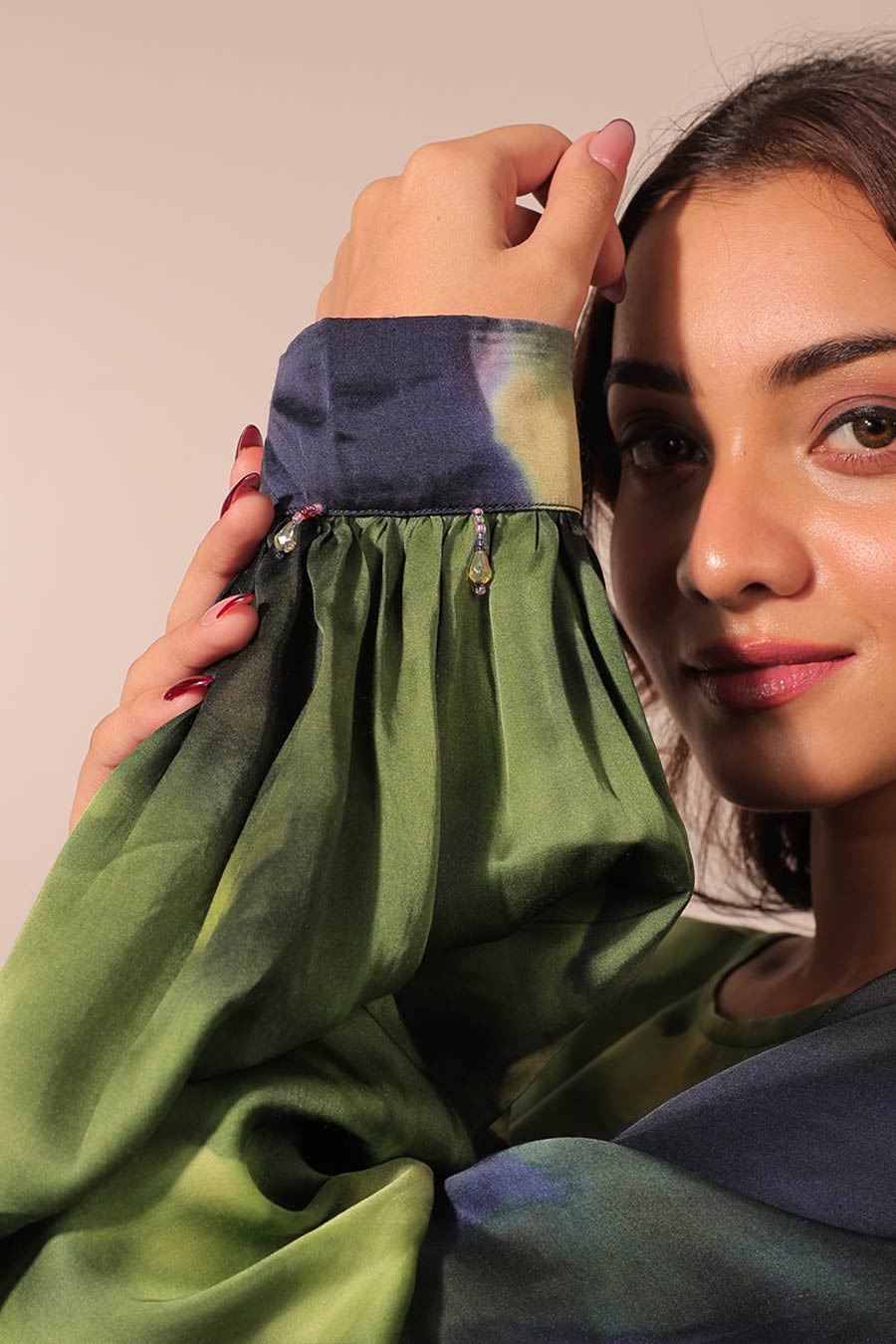 Blue & Green Jheel Printed Slouch Crop Top Co-Ord Set