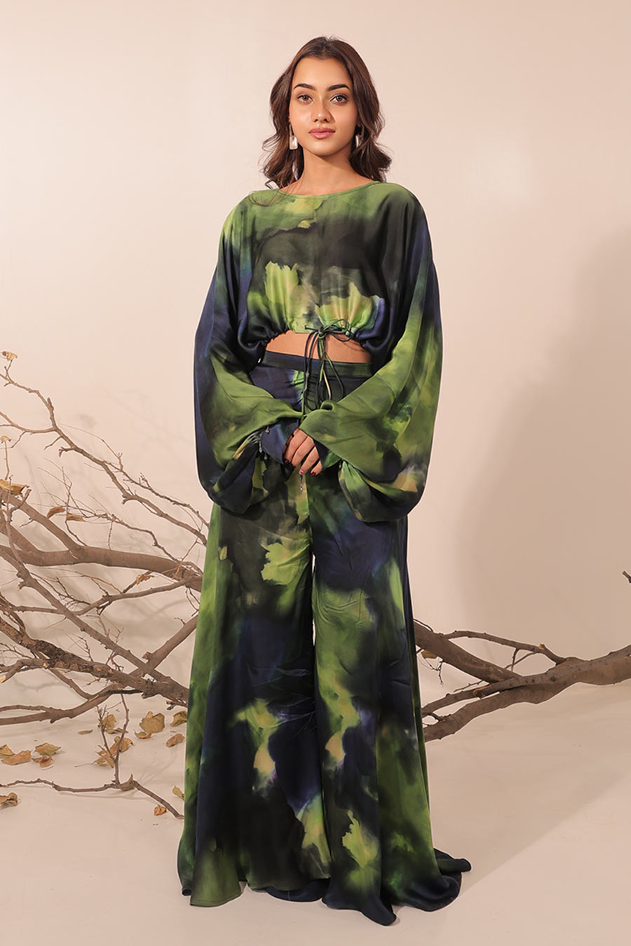 Blue & Green Jheel Printed Slouch Crop Top Co-Ord Set