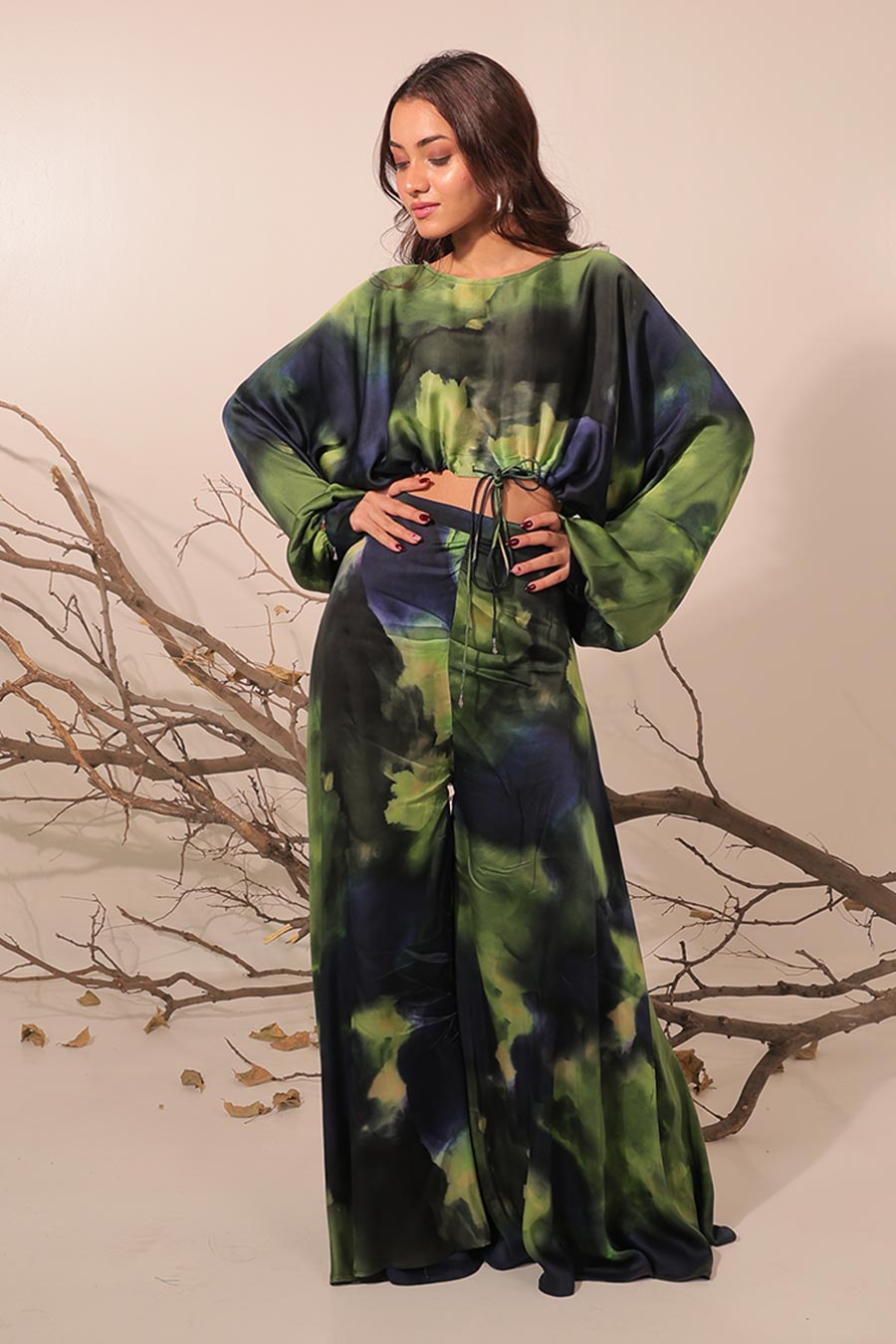 Blue & Green Jheel Printed Slouch Crop Top Co-Ord Set