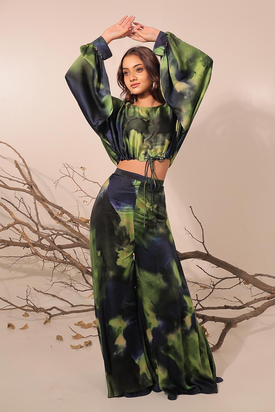 Blue & Green Jheel Printed Slouch Crop Top Co-Ord Set