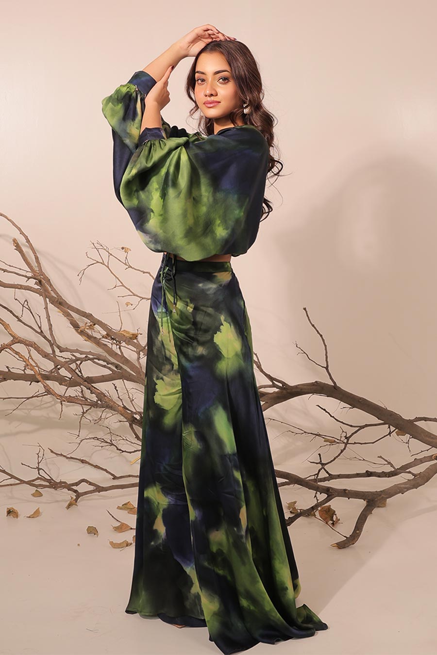 Blue & Green Jheel Printed Slouch Crop Top Co-Ord Set