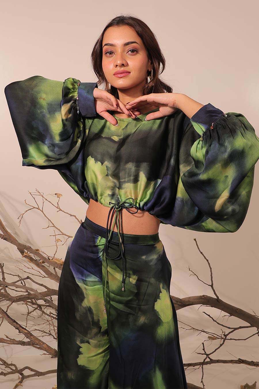 Blue & Green Jheel Printed Slouch Crop Top Co-Ord Set