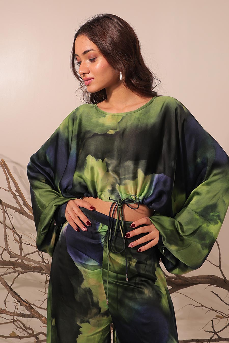 Blue & Green Jheel Printed Slouch Crop Top Co-Ord Set