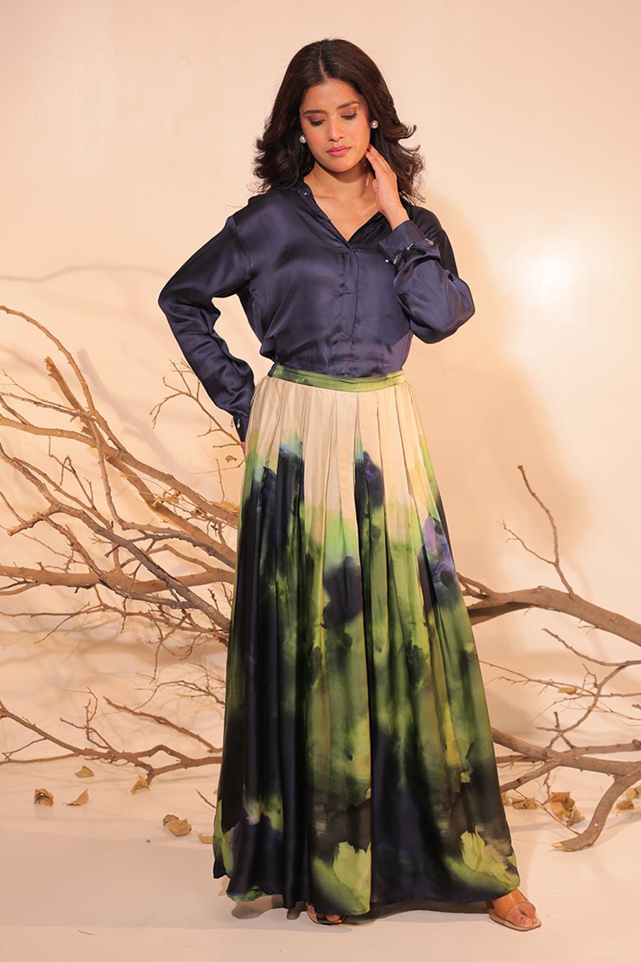 Blue & Green Jheel Printed Shirt With Flowy Pant Set