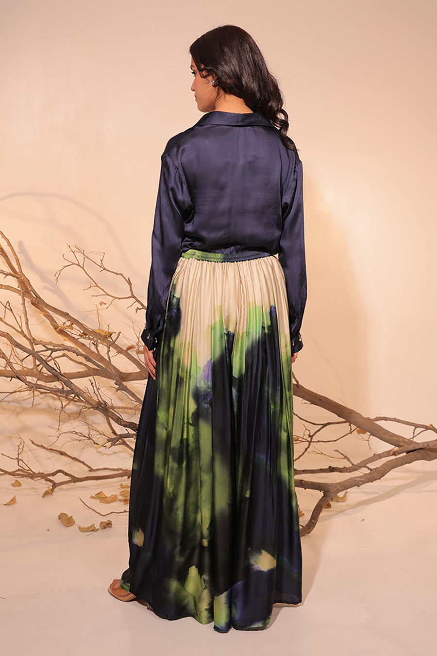 Blue & Green Jheel Printed Shirt With Flowy Pant Set