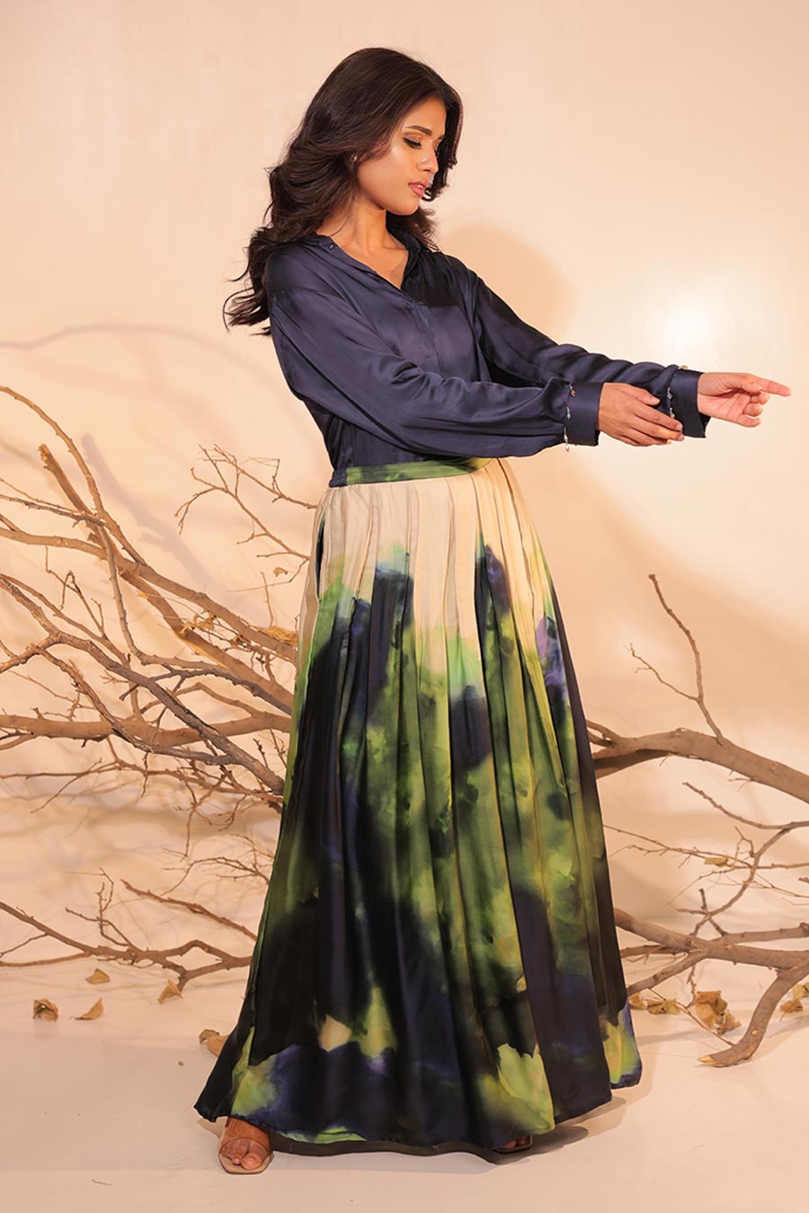 Blue & Green Jheel Printed Shirt With Flowy Pant Set