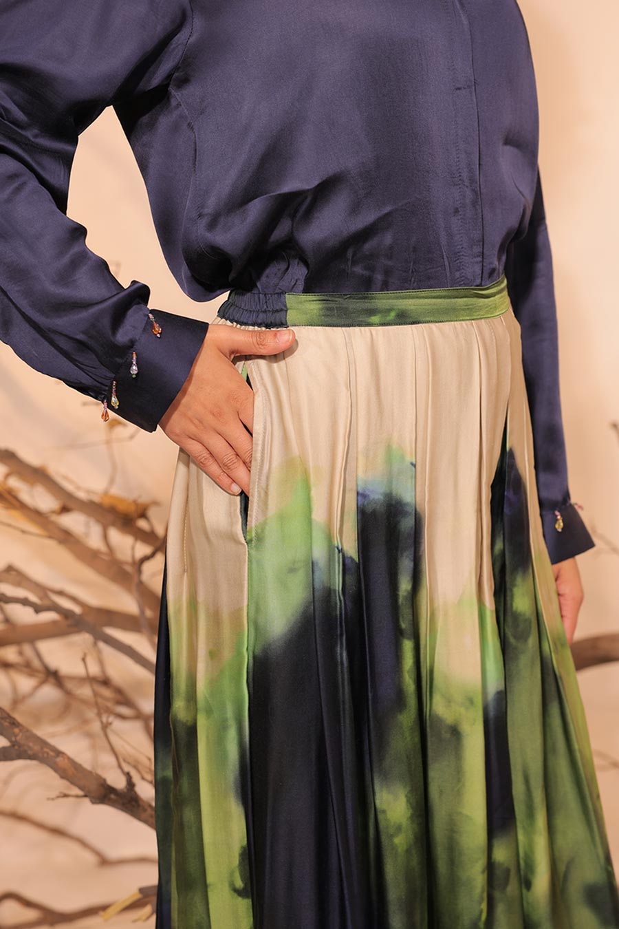 Blue & Green Jheel Printed Shirt With Flowy Pant Set