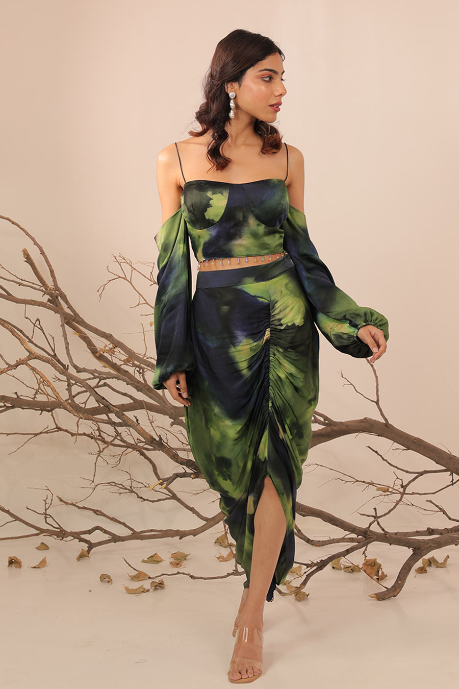 Blue & Green Jheel Printed Crop Top With Ruched Skirt Set