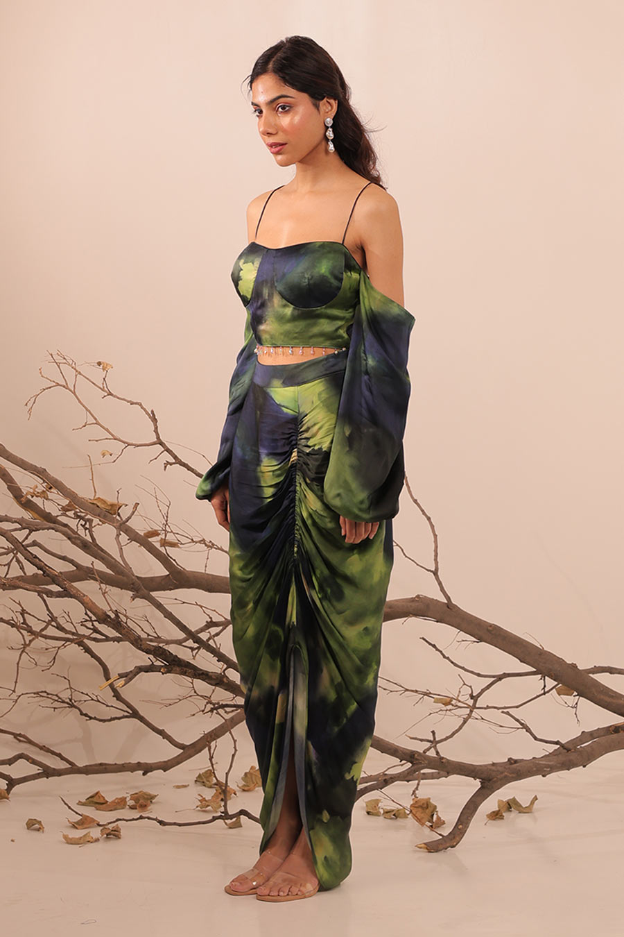 Blue & Green Jheel Printed Crop Top With Ruched Skirt Set