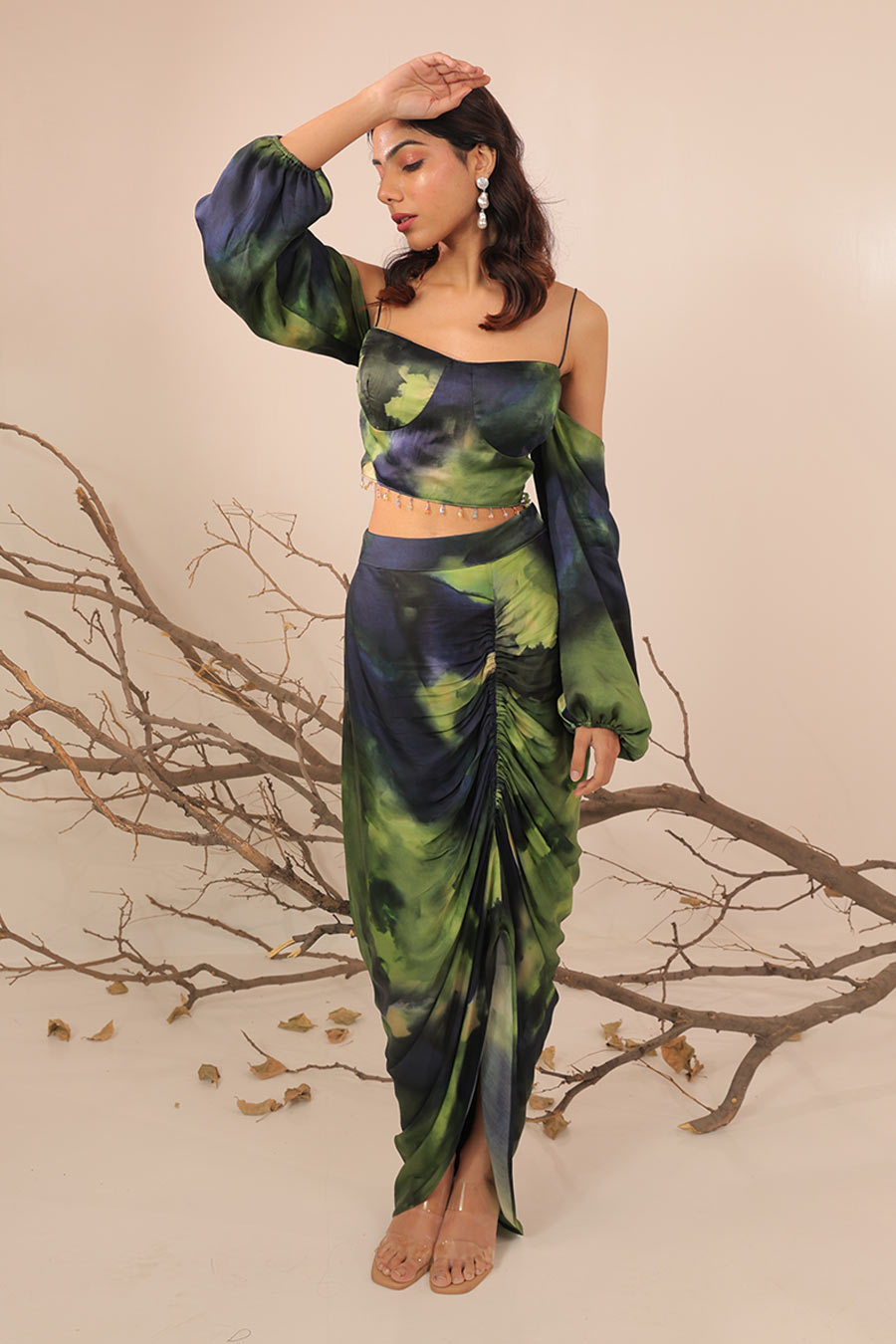 Blue & Green Jheel Printed Crop Top With Ruched Skirt Set