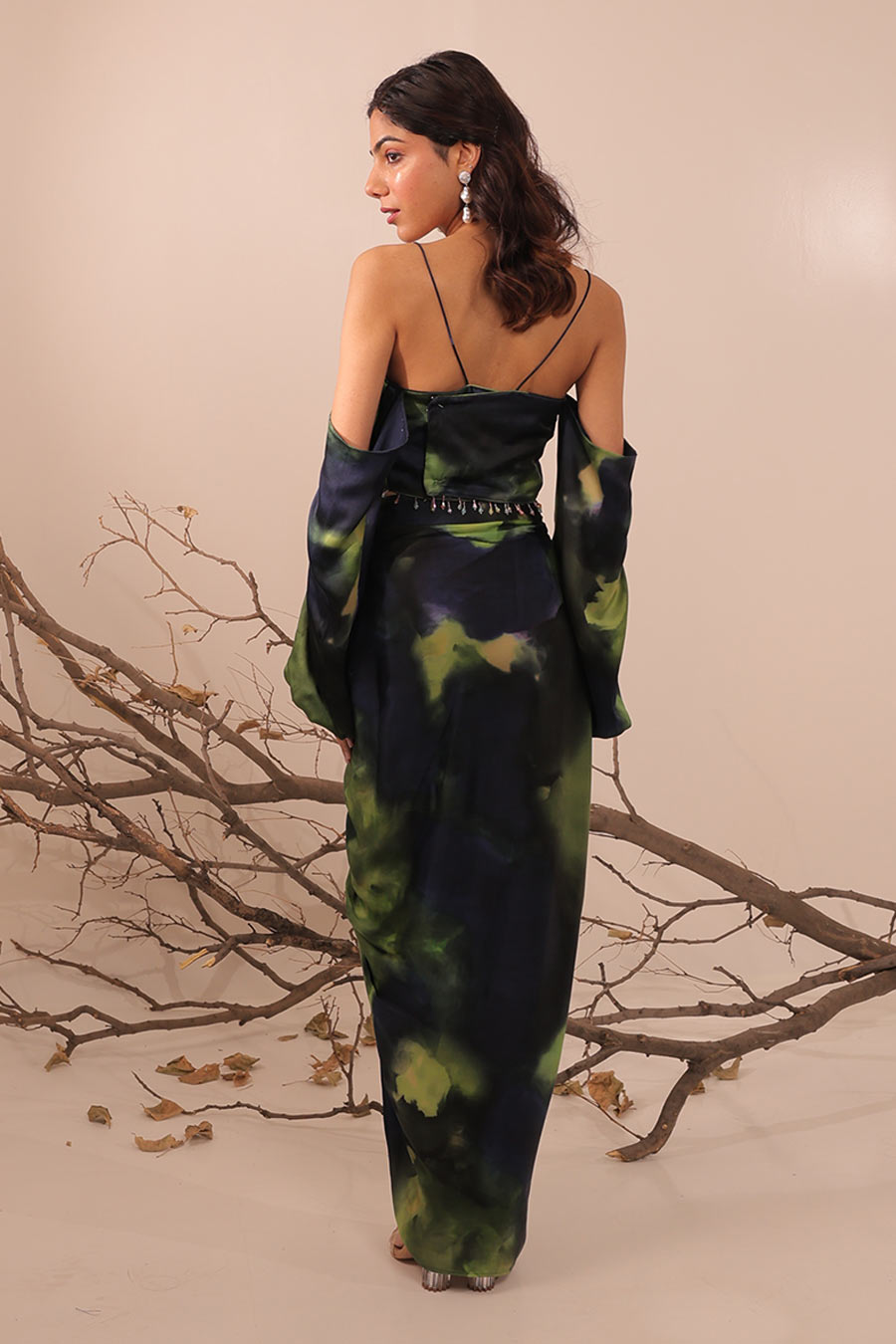 Blue & Green Jheel Printed Crop Top With Ruched Skirt Set