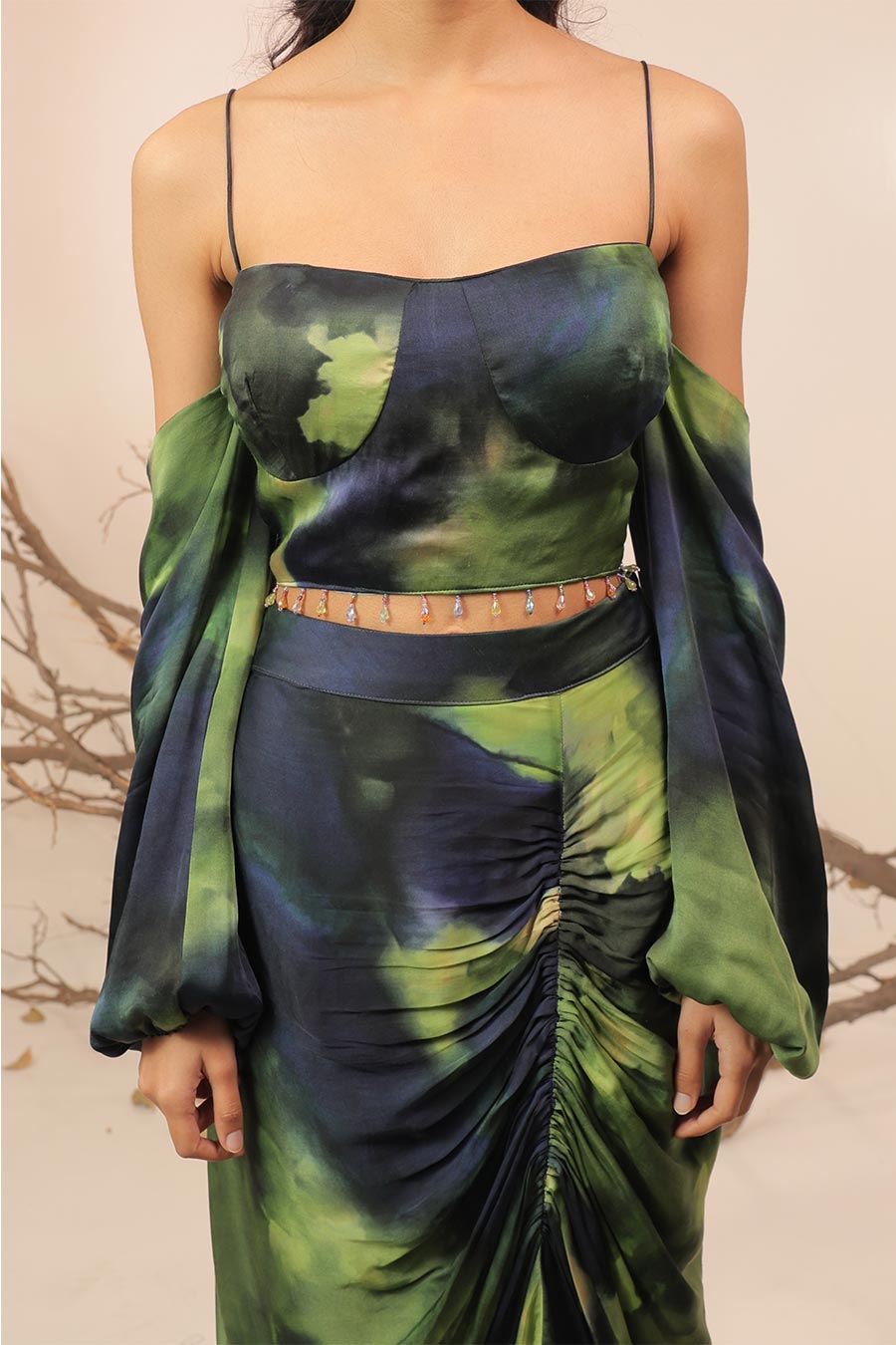 Blue & Green Jheel Printed Crop Top With Ruched Skirt Set