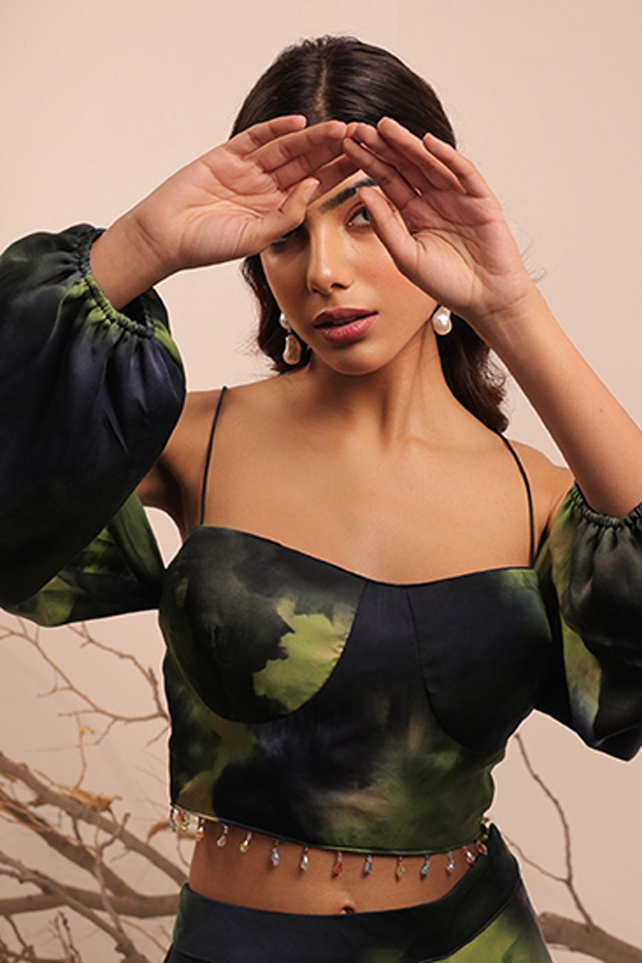 Blue & Green Jheel Printed Crop Top With Ruched Skirt Set