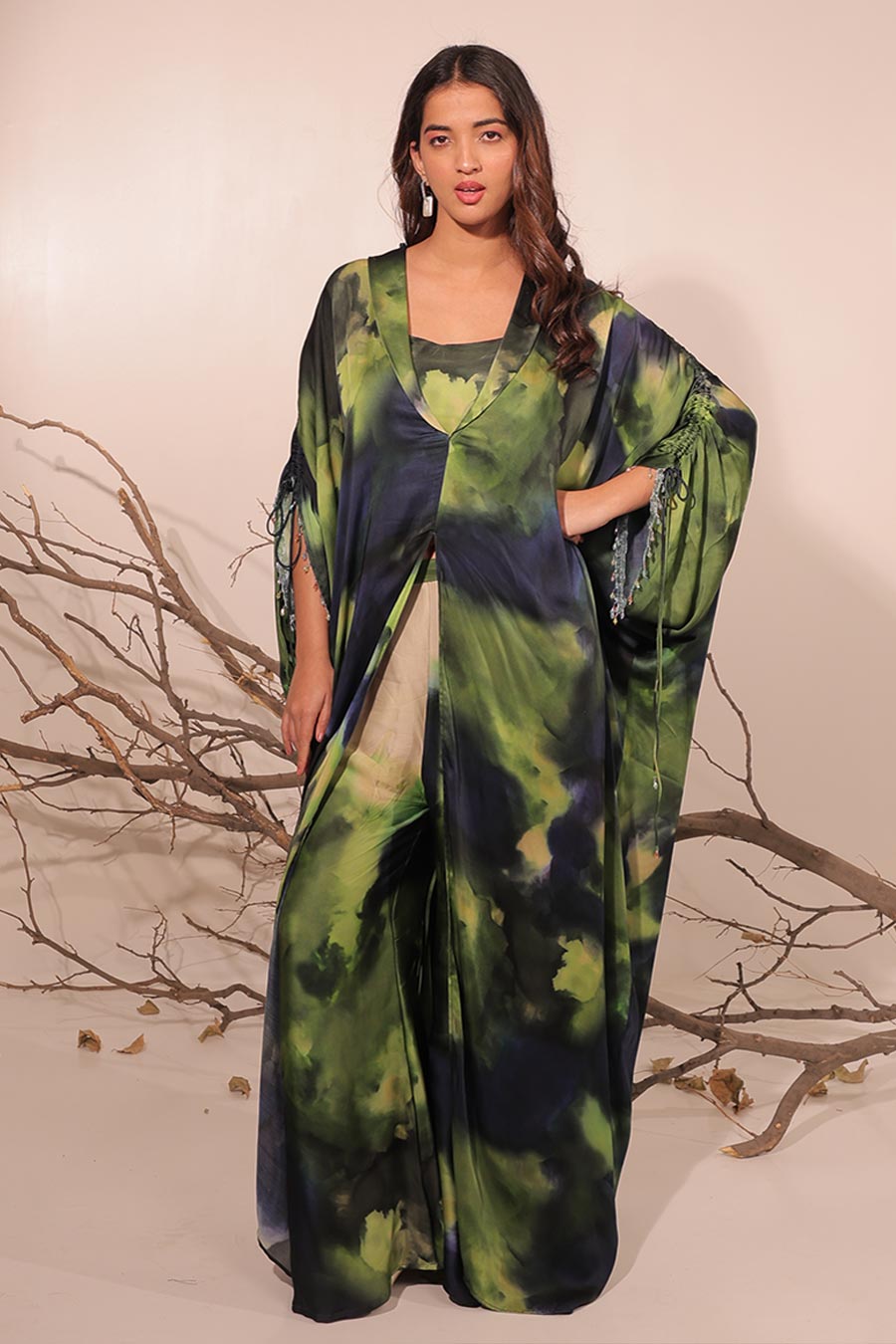 Blue & Green Jheel Printed Long Kaftan Co-Ord Set