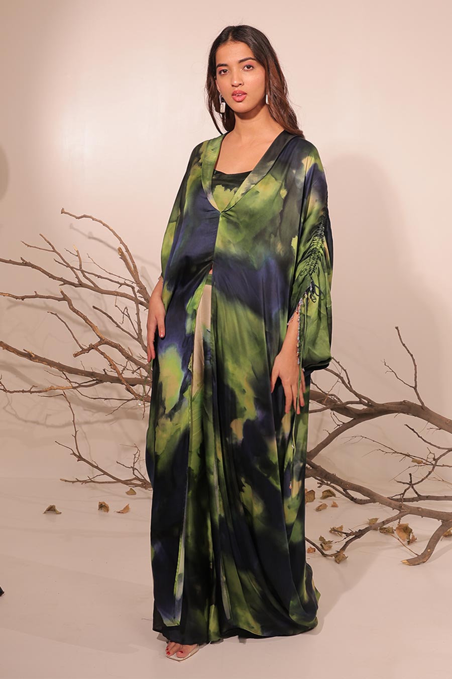 Blue & Green Jheel Printed Long Kaftan Co-Ord Set