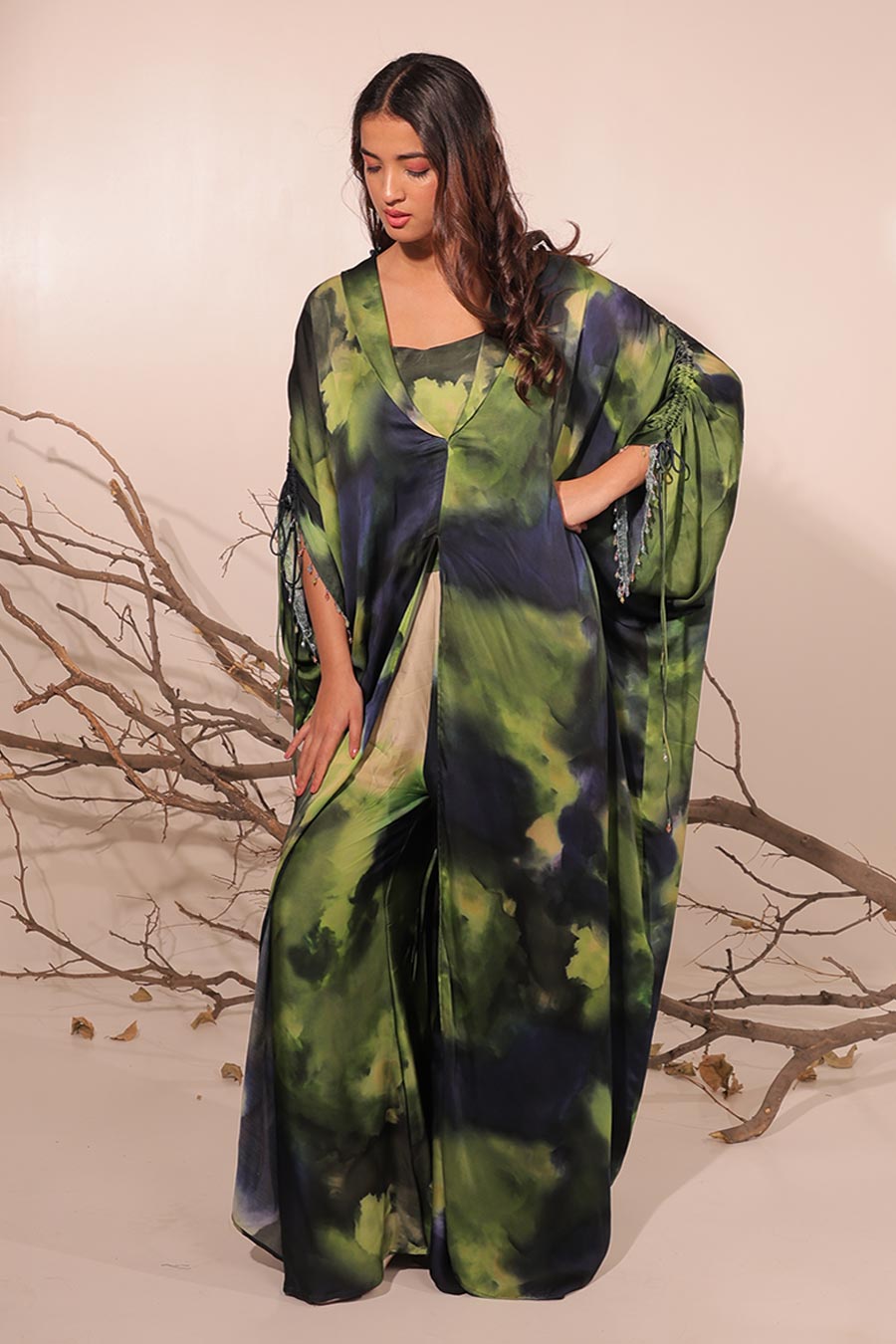 Blue & Green Jheel Printed Long Kaftan Co-Ord Set