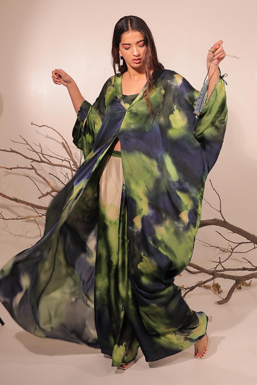 Blue & Green Jheel Printed Long Kaftan Co-Ord Set