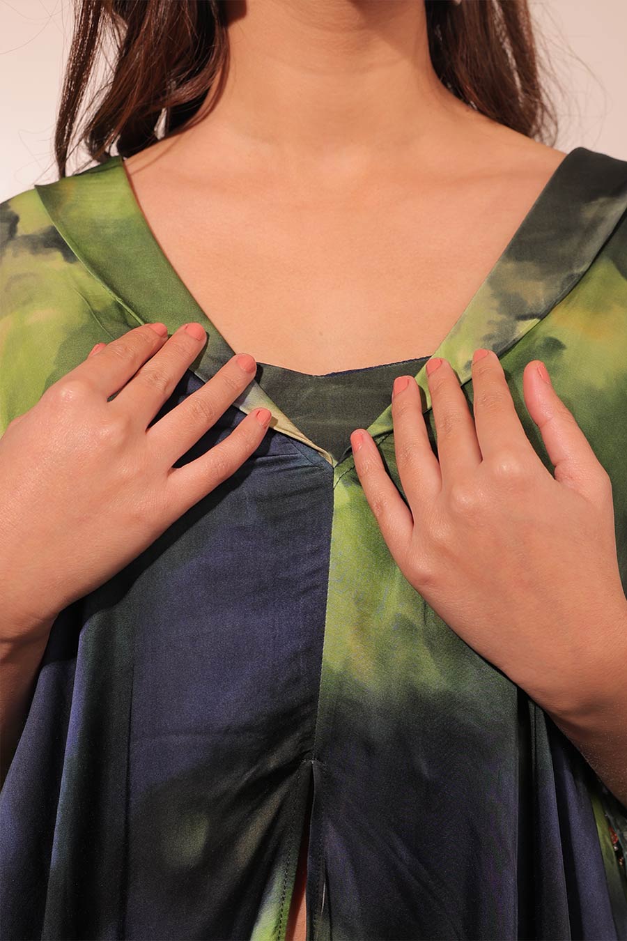 Blue & Green Jheel Printed Long Kaftan Co-Ord Set