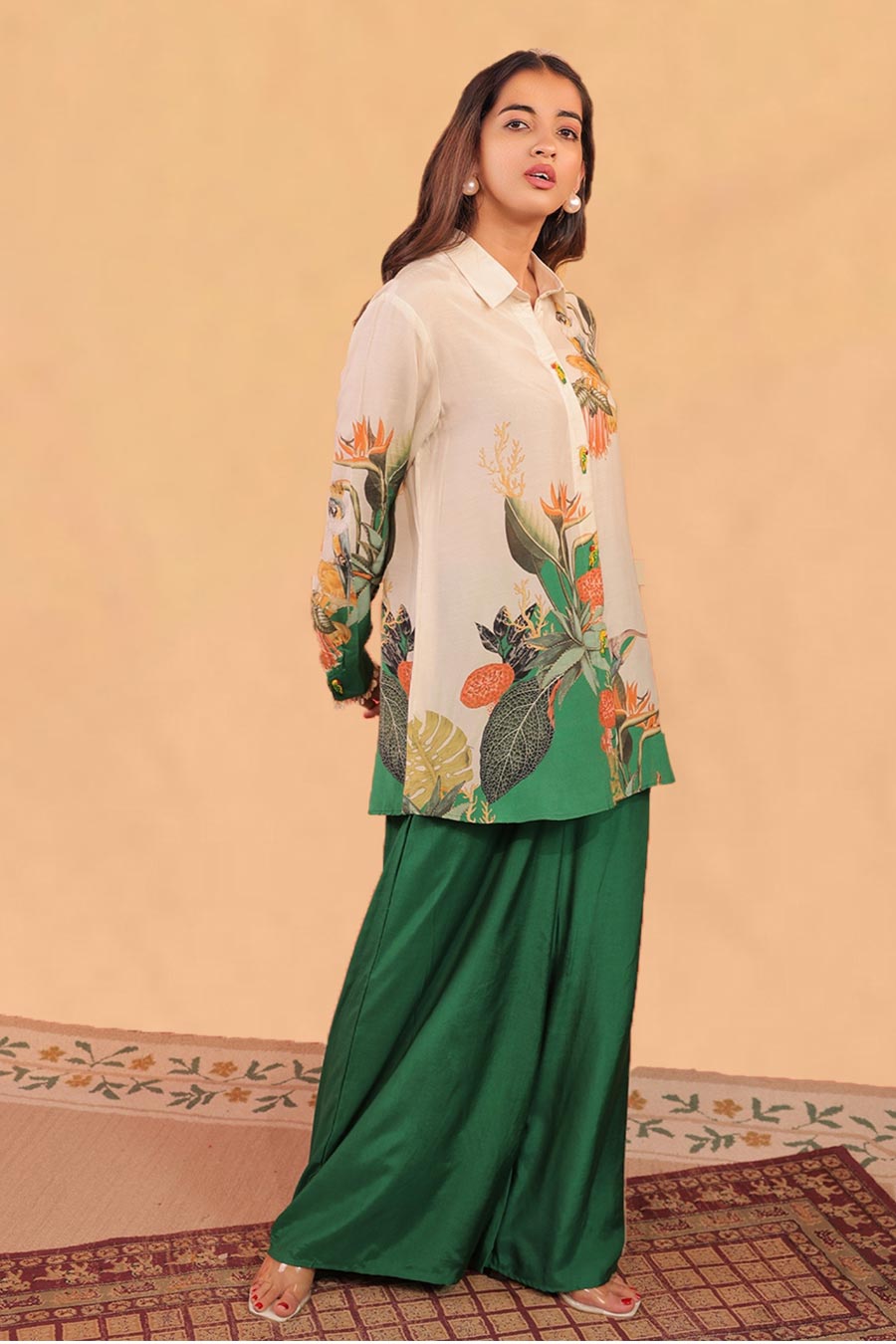 Green & Off-White Kokum Printed Shirt Co-Ord Set