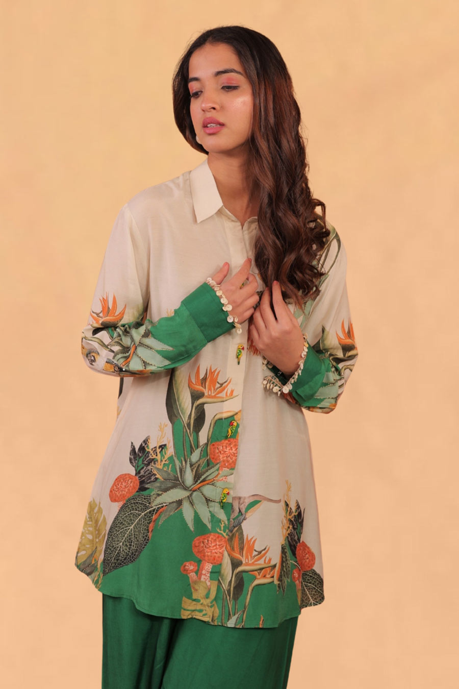Green & Off-White Kokum Printed Shirt Co-Ord Set