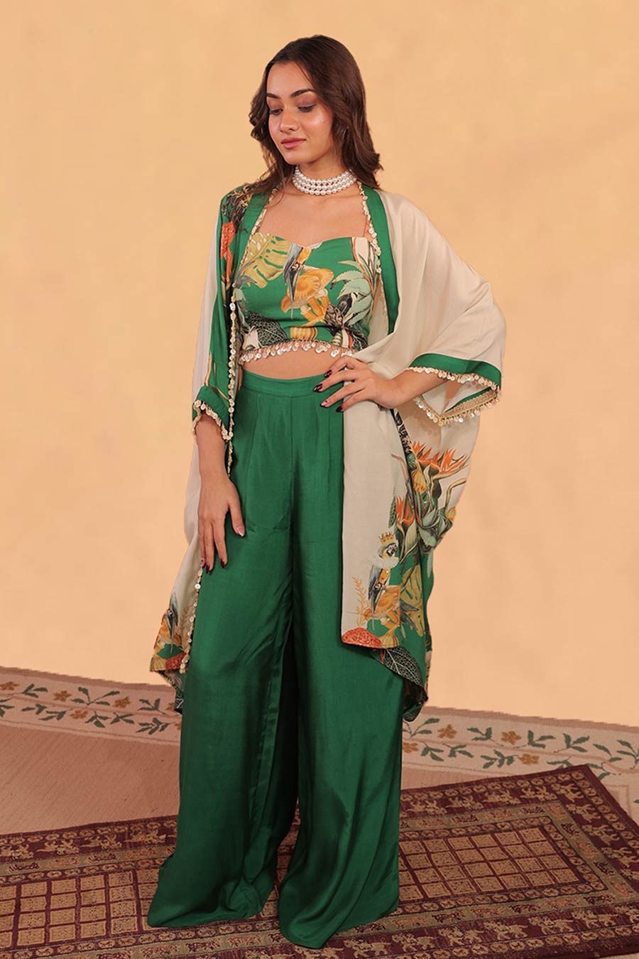 Green & Off-White Kokum Printed Shrug Co-Ord Set