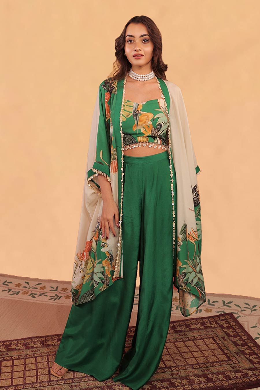 Green & Off-White Kokum Printed Shrug Co-Ord Set