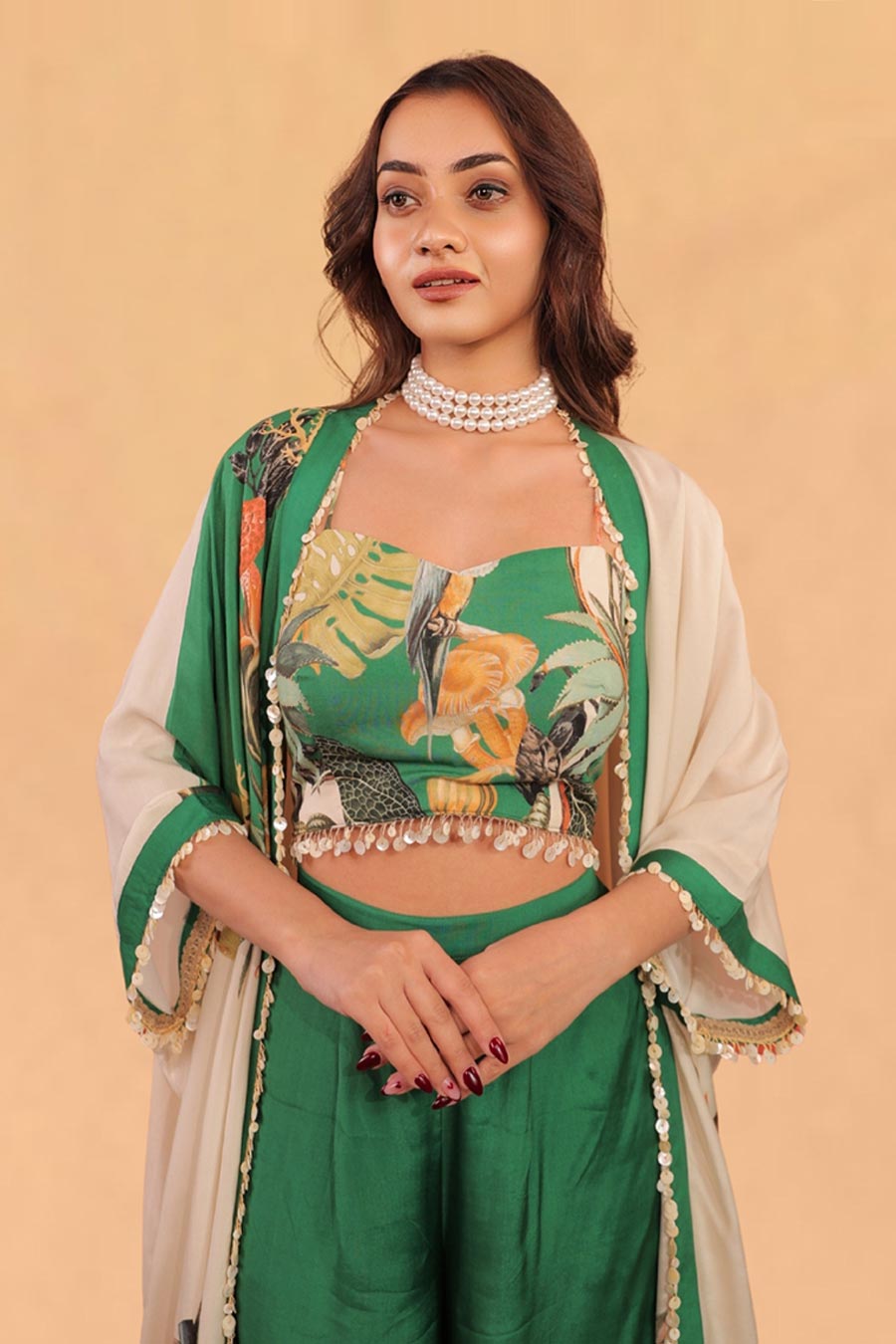 Green & Off-White Kokum Printed Shrug Co-Ord Set
