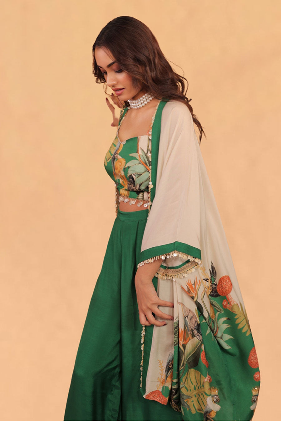 Green & Off-White Kokum Printed Shrug Co-Ord Set