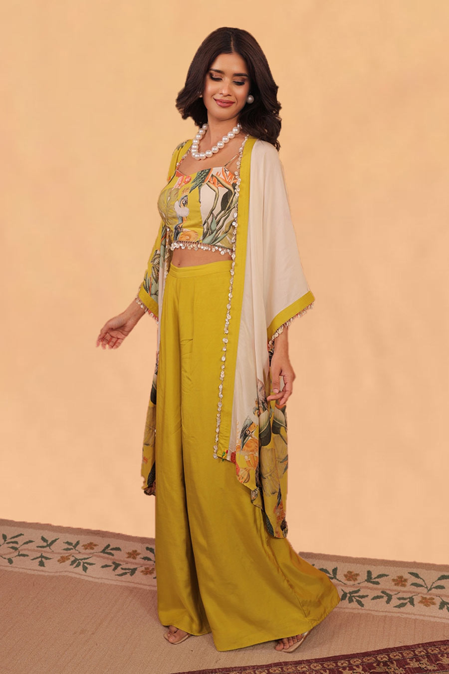 Mustard & Off-White Kokum Printed Shrug Co-Ord Set