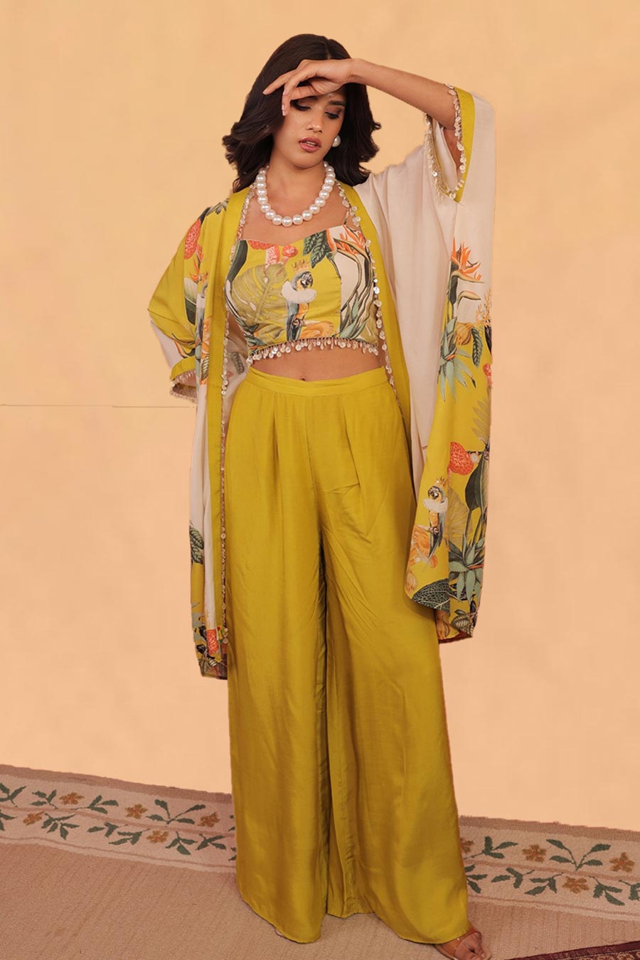 Mustard & Off-White Kokum Printed Shrug Co-Ord Set