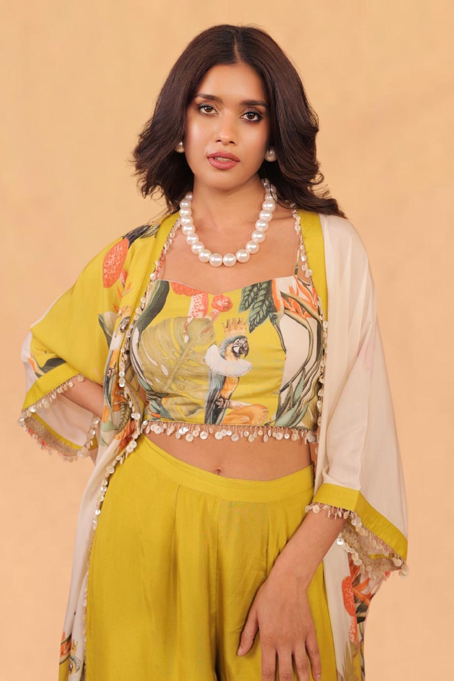 Mustard & Off-White Kokum Printed Shrug Co-Ord Set