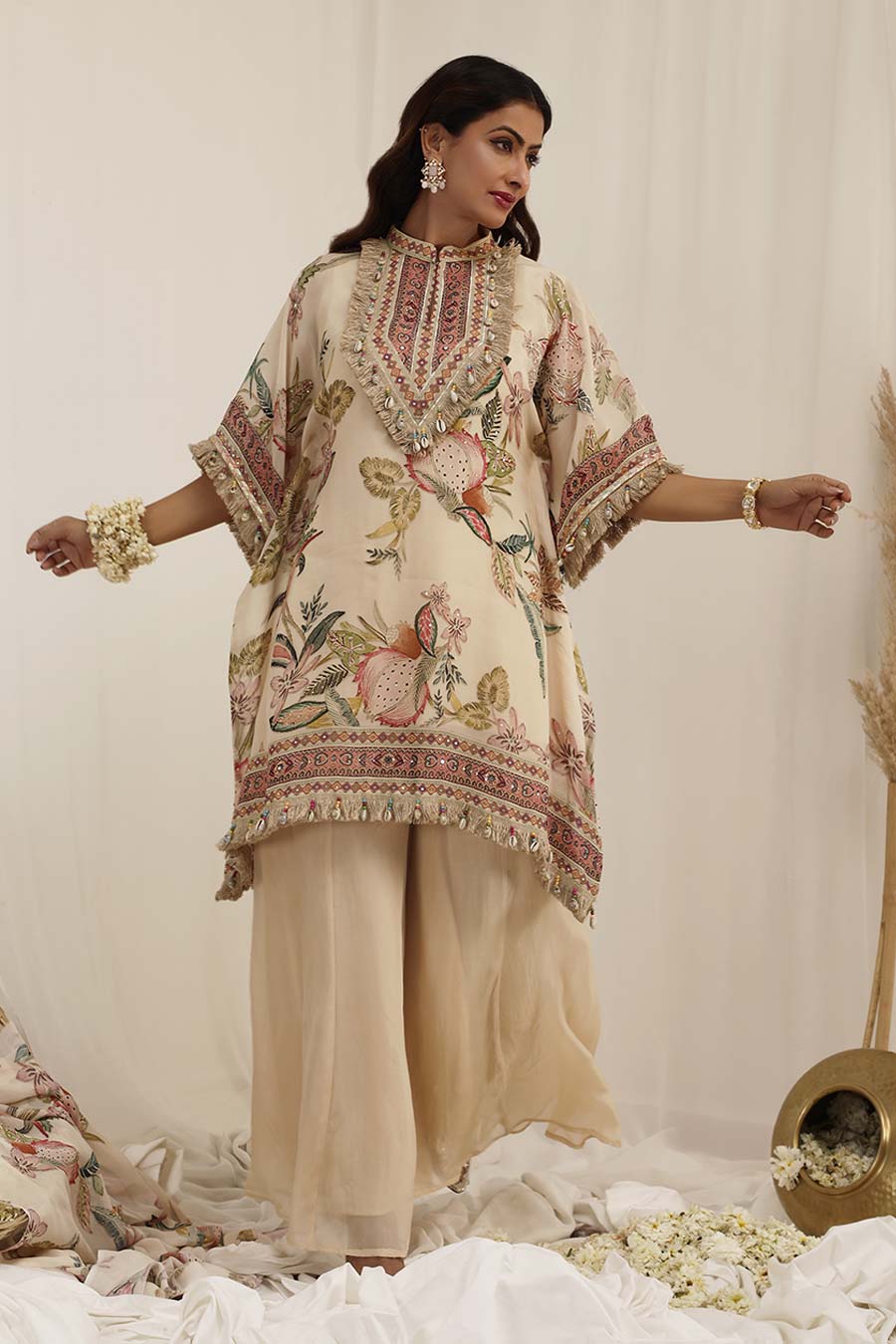 Beige Madhaniya Embellished Kaftan & Palazzo Set