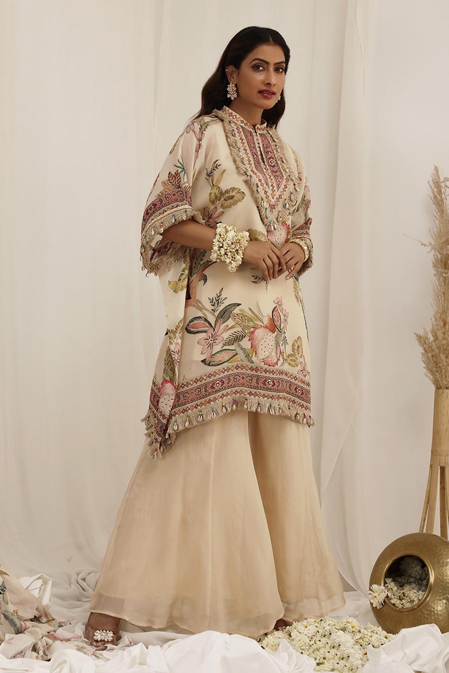 Beige Madhaniya Embellished Kaftan & Palazzo Set