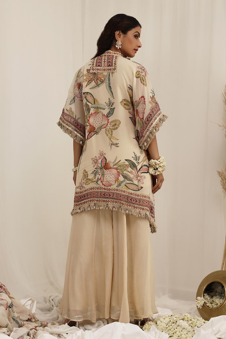 Beige Madhaniya Embellished Kaftan & Palazzo Set