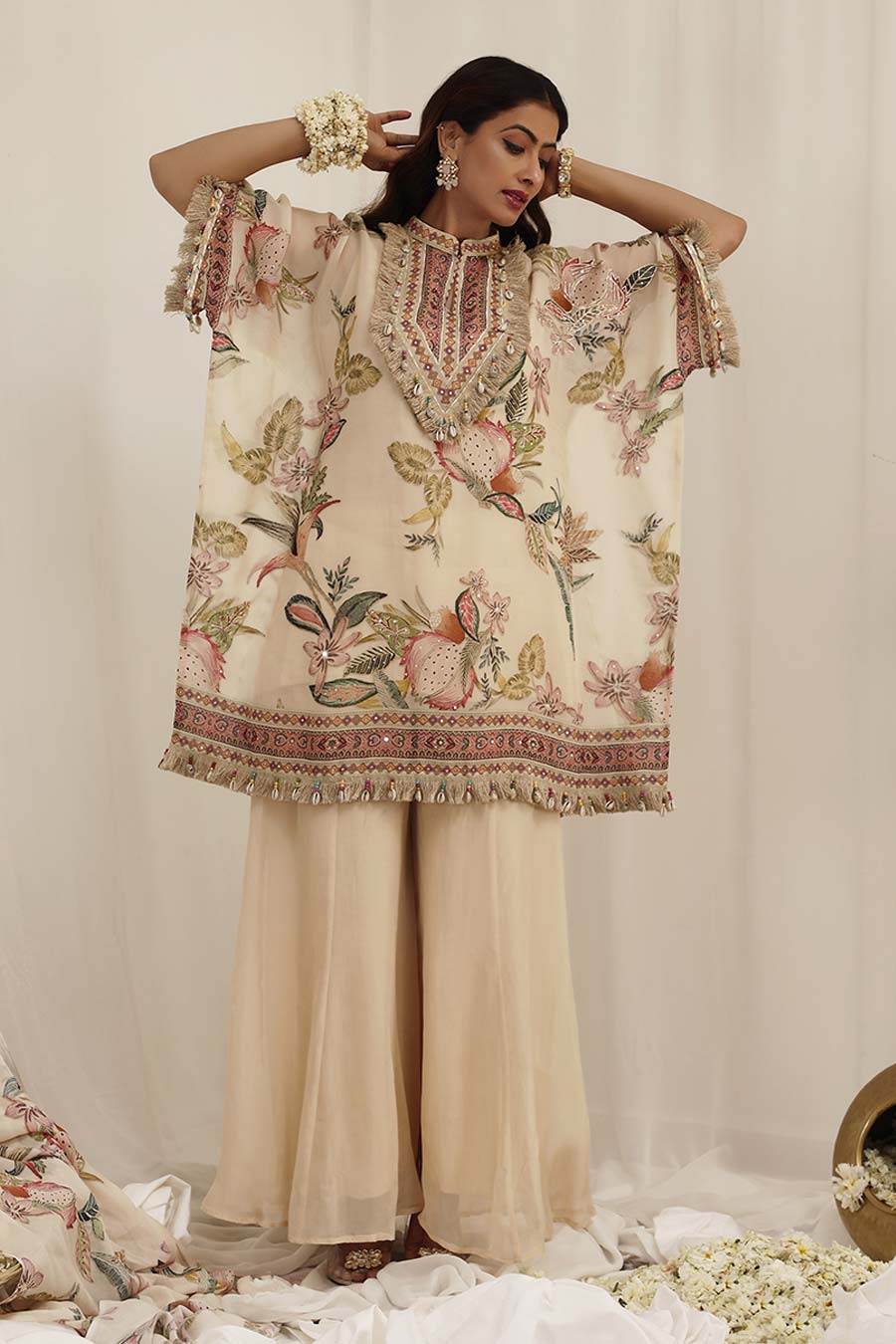Beige Madhaniya Embellished Kaftan & Palazzo Set