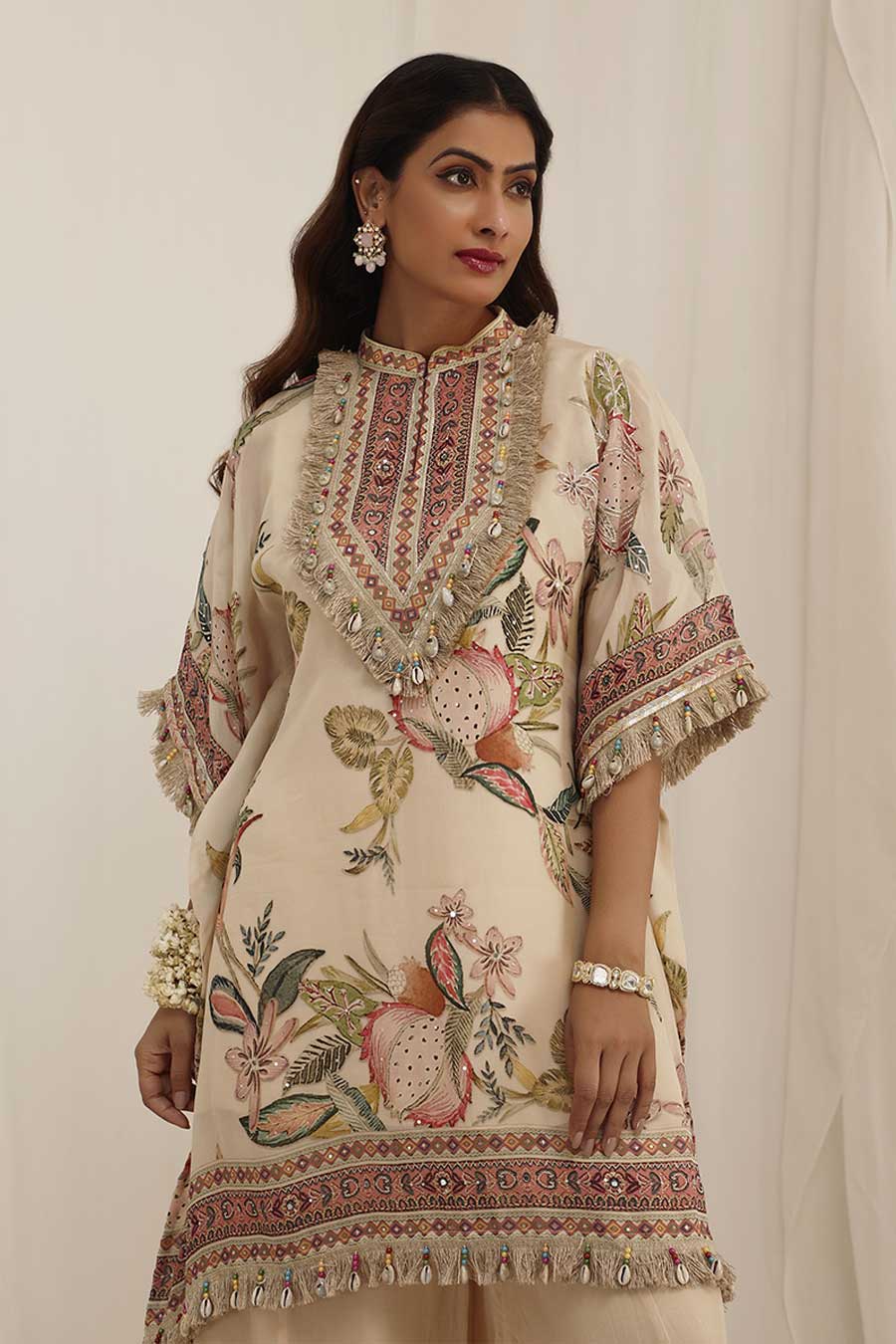 Beige Madhaniya Embellished Kaftan & Palazzo Set