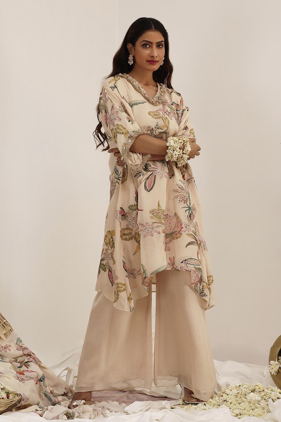Beige Madhaniya Embellished A-Line kurta Set