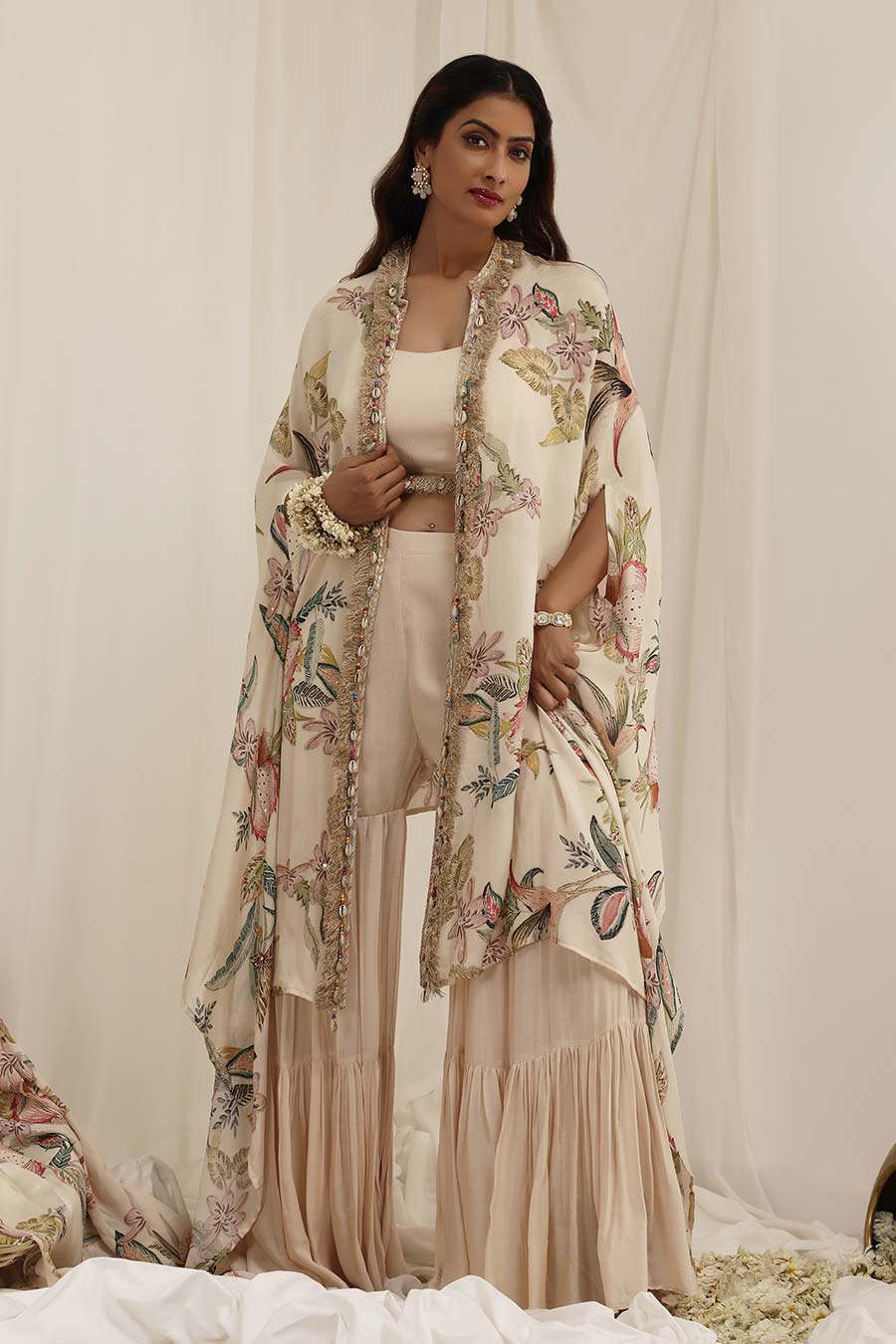 Beige Madhaniya Embellished Cape & Sharara Set