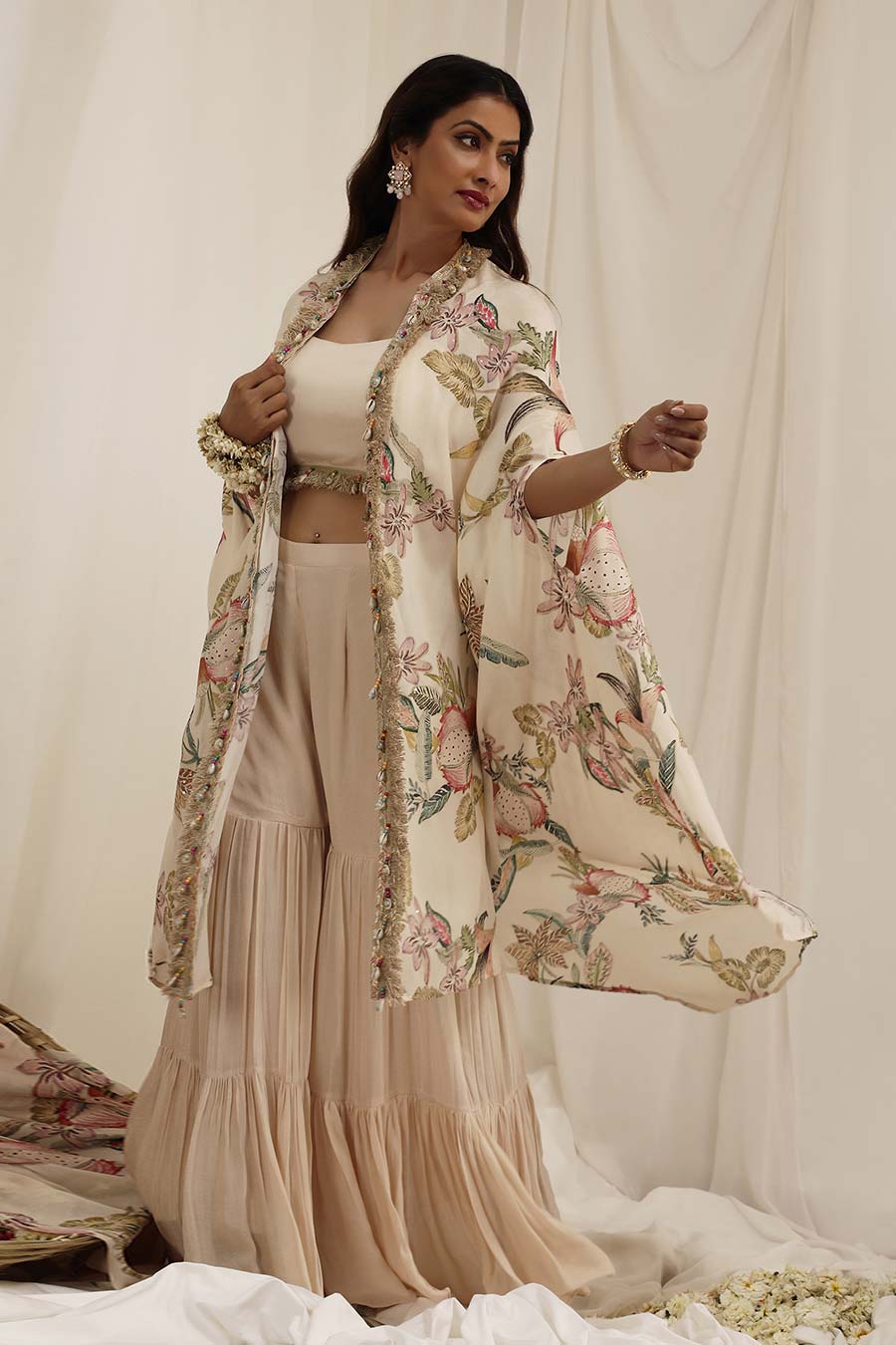 Beige Madhaniya Embellished Cape & Sharara Set