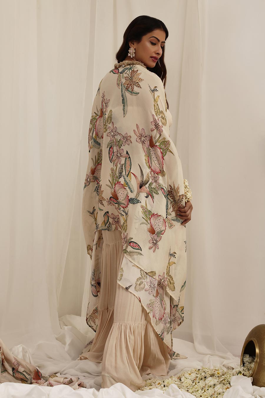 Beige Madhaniya Embellished Cape & Sharara Set
