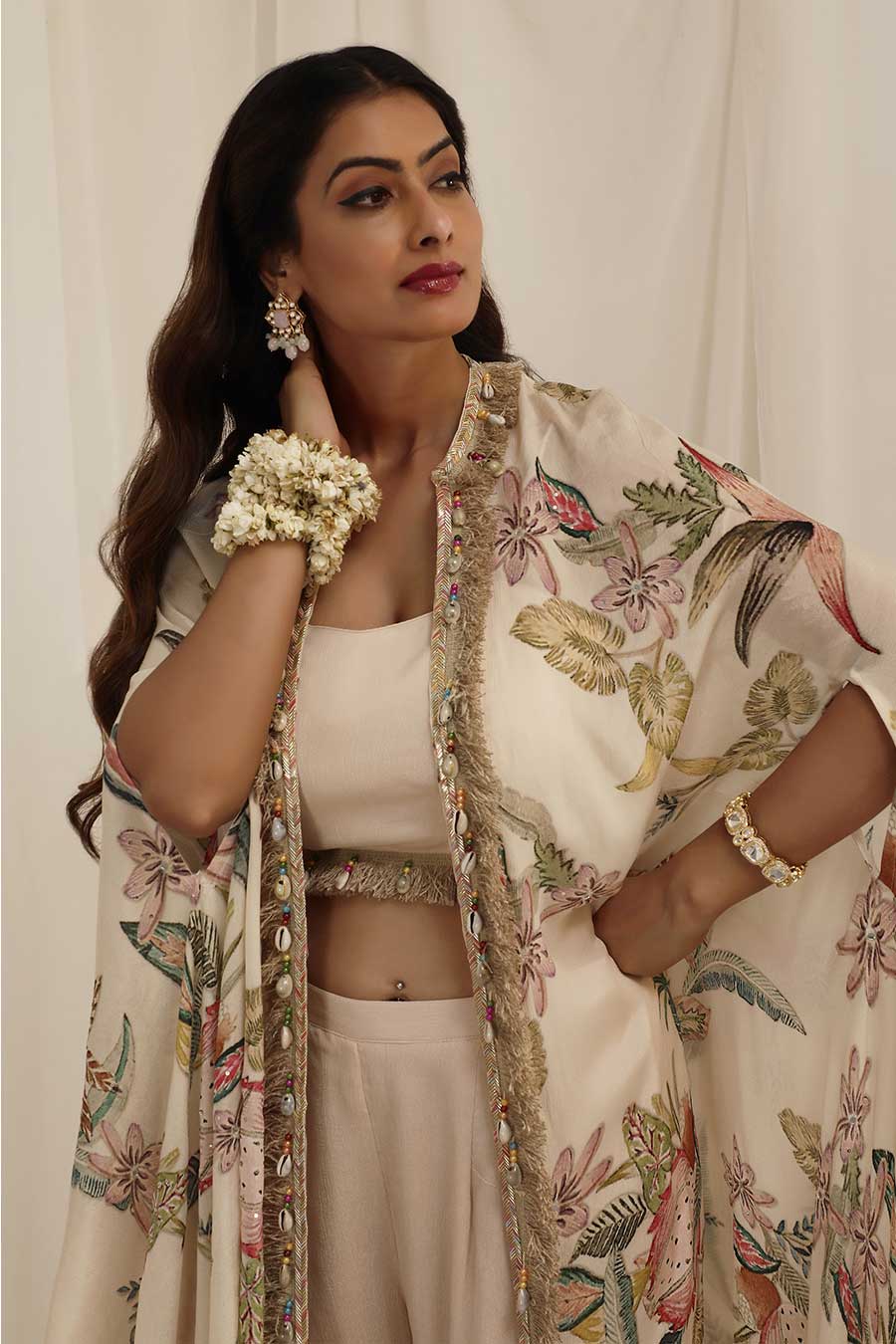 Beige Madhaniya Embellished Cape & Sharara Set
