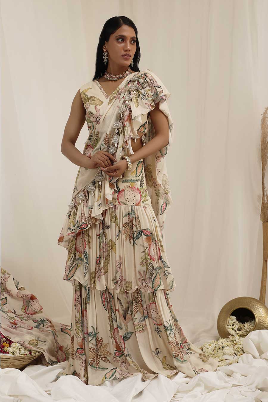 Beige Madhaniya Embellished Pre-Draped Saree Set